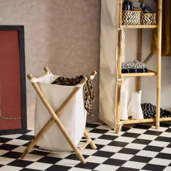 Foldable bamboo and fabric laundry basket