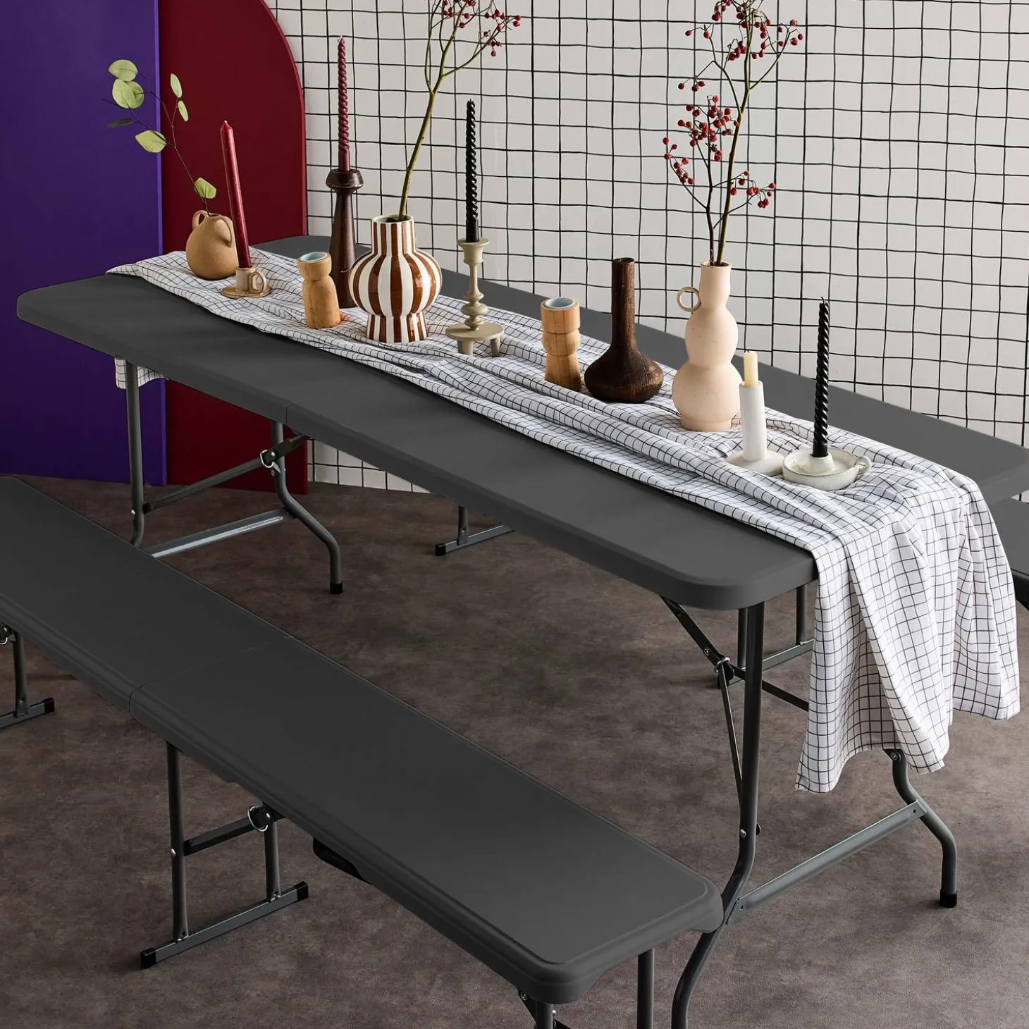 Foldable plastic reception table with bench