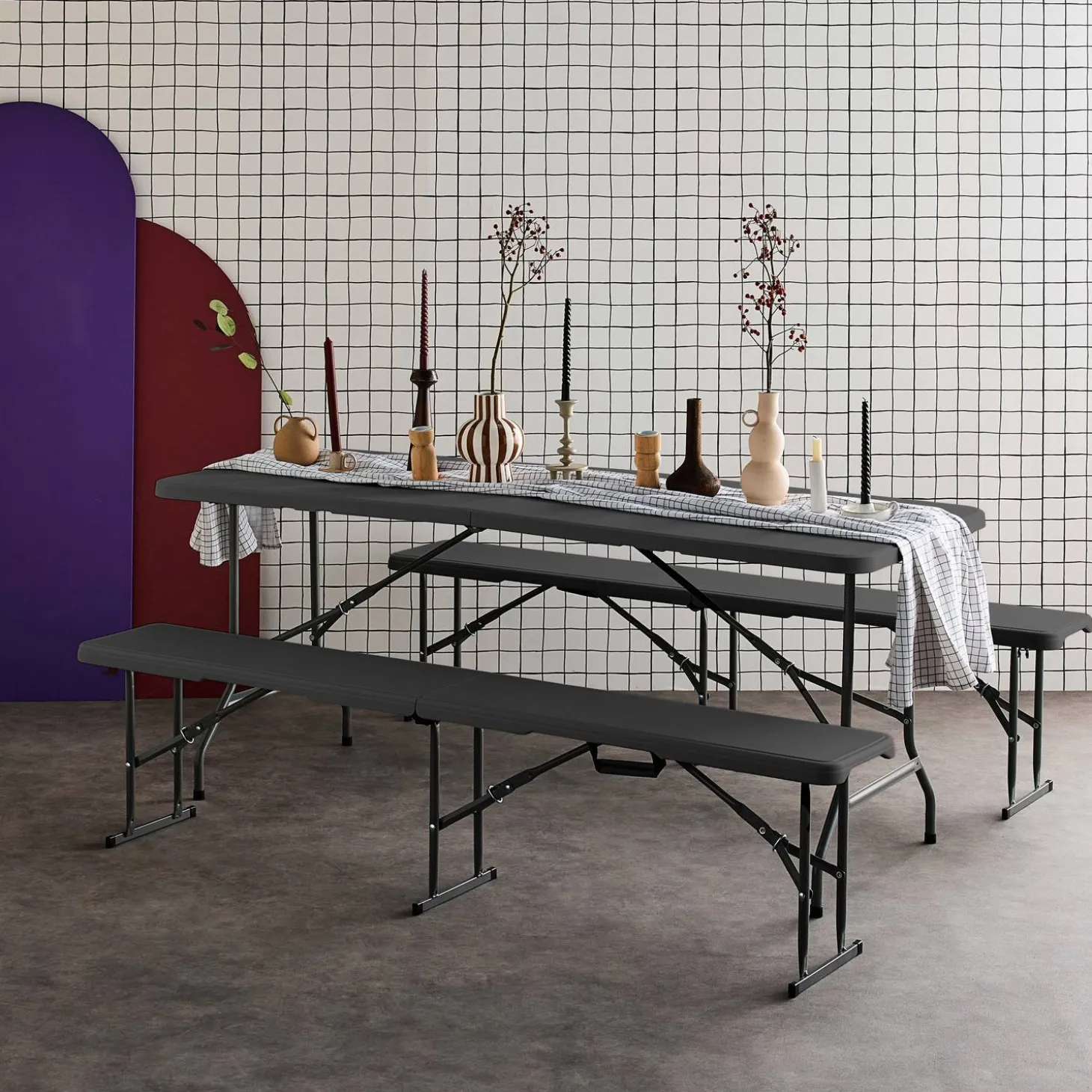 Foldable plastic reception table with bench