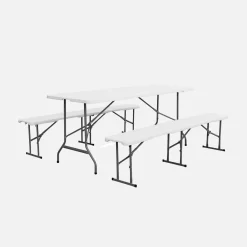 Foldable plastic reception table with bench