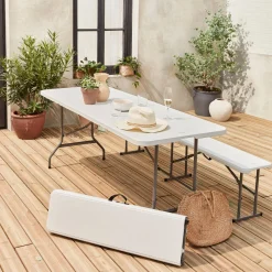 Foldable plastic reception table with bench