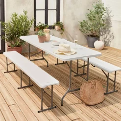 Foldable plastic reception table with bench