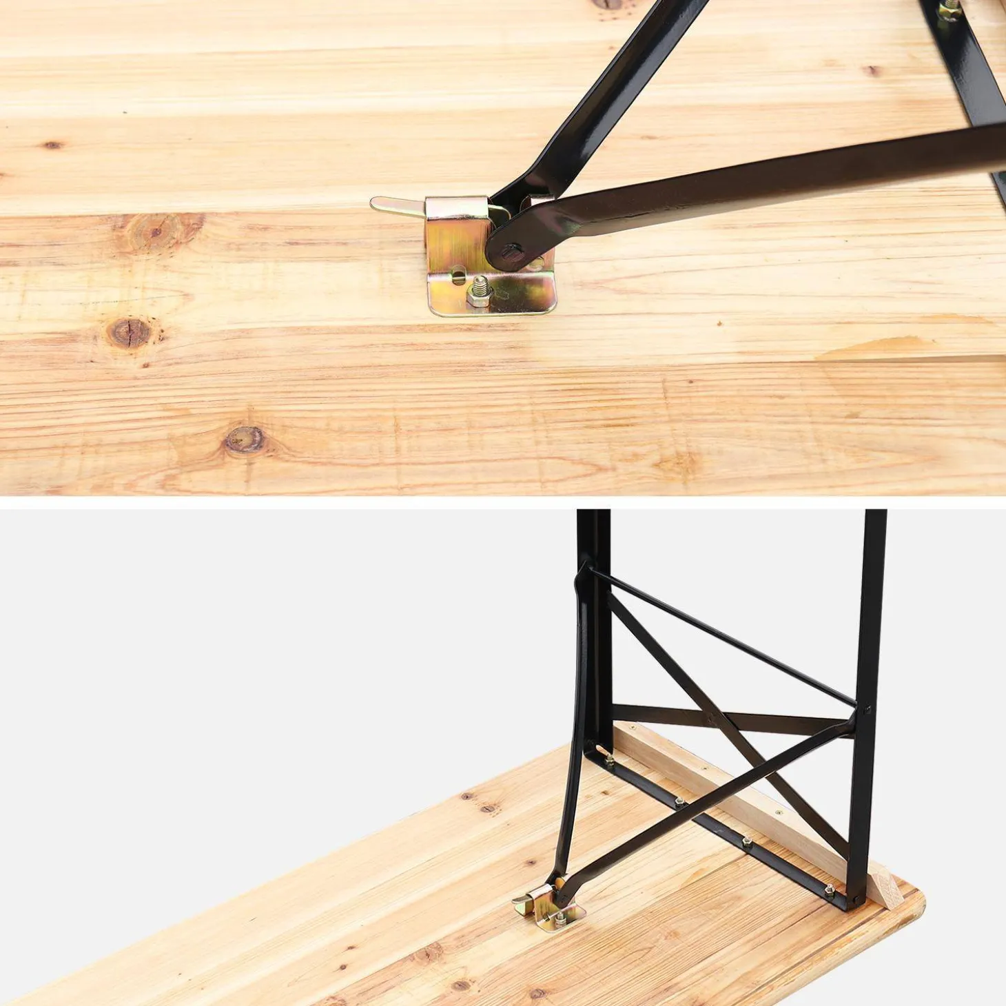 Folding reception table made of fir wood with 2 benches (set of 2)