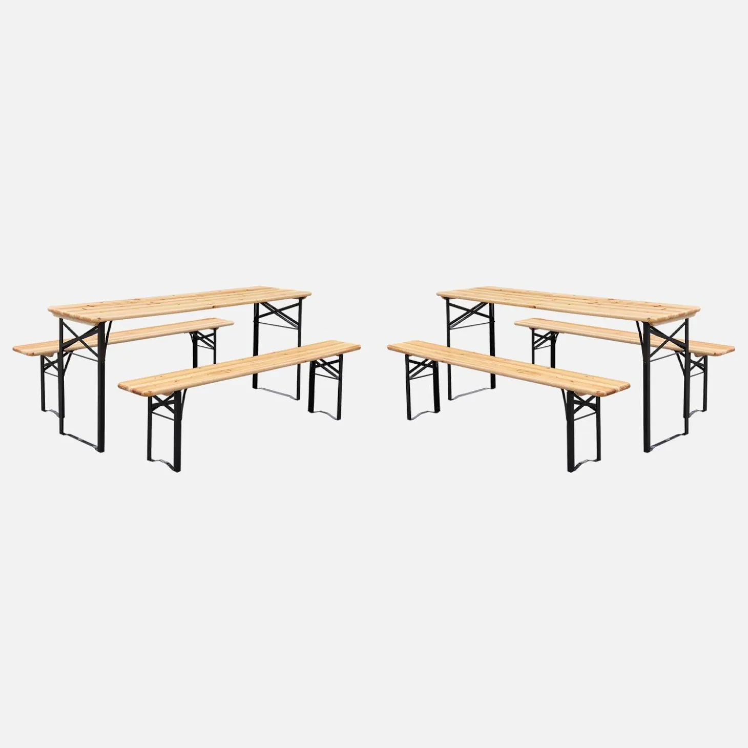 Folding reception table made of fir wood with 2 benches (set of 2)