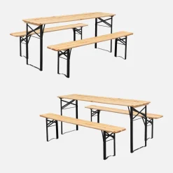 Folding reception table made of fir wood with 2 benches (set of 2)
