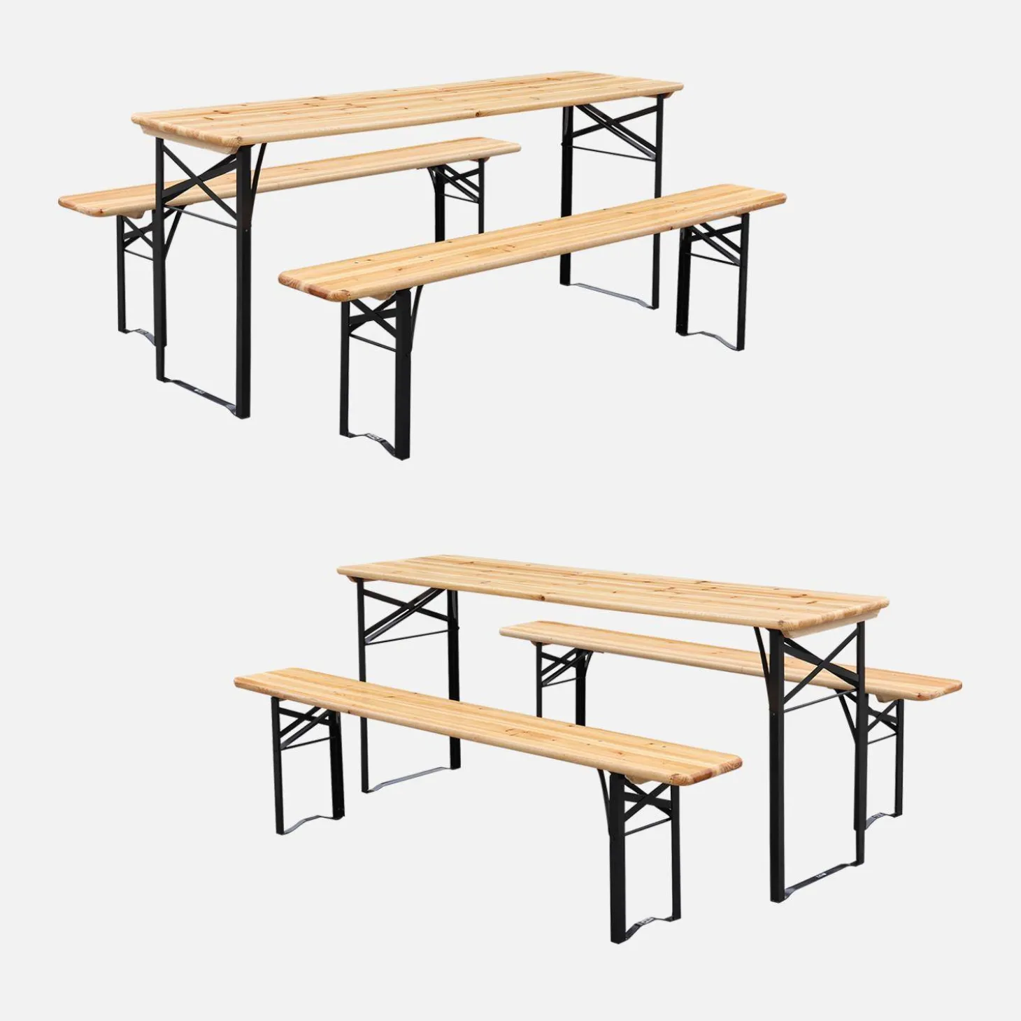 Folding reception table made of fir wood with 2 benches (set of 2)