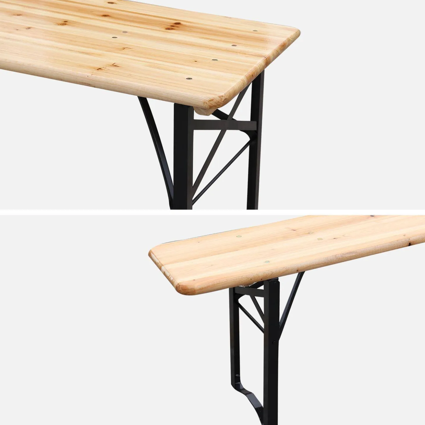 Folding reception table made of fir wood with 2 benches (set of 2)