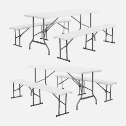 Folding steel reception table with 2 benches (set of 2)
