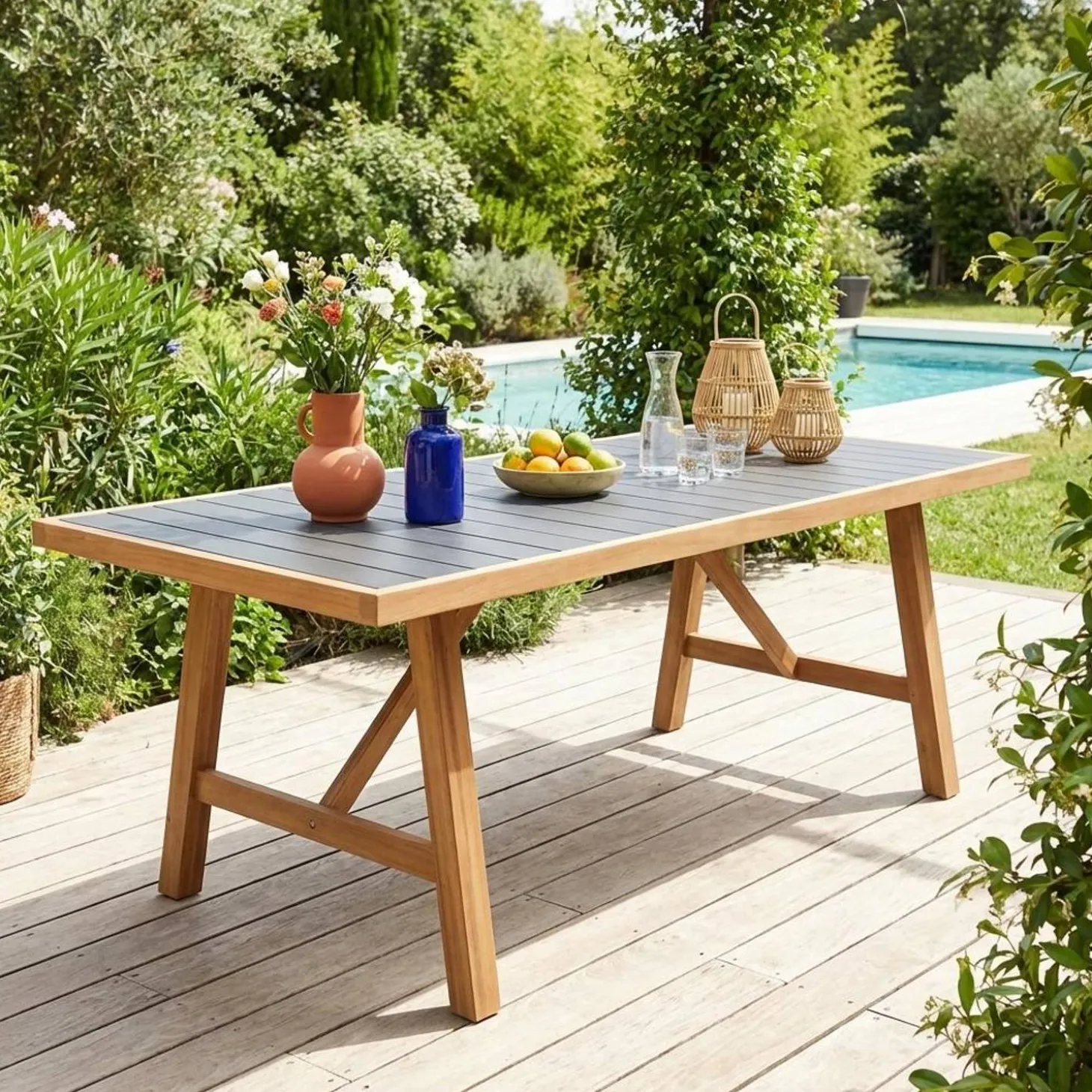 Garden table acacia wood and aluminum seats 8