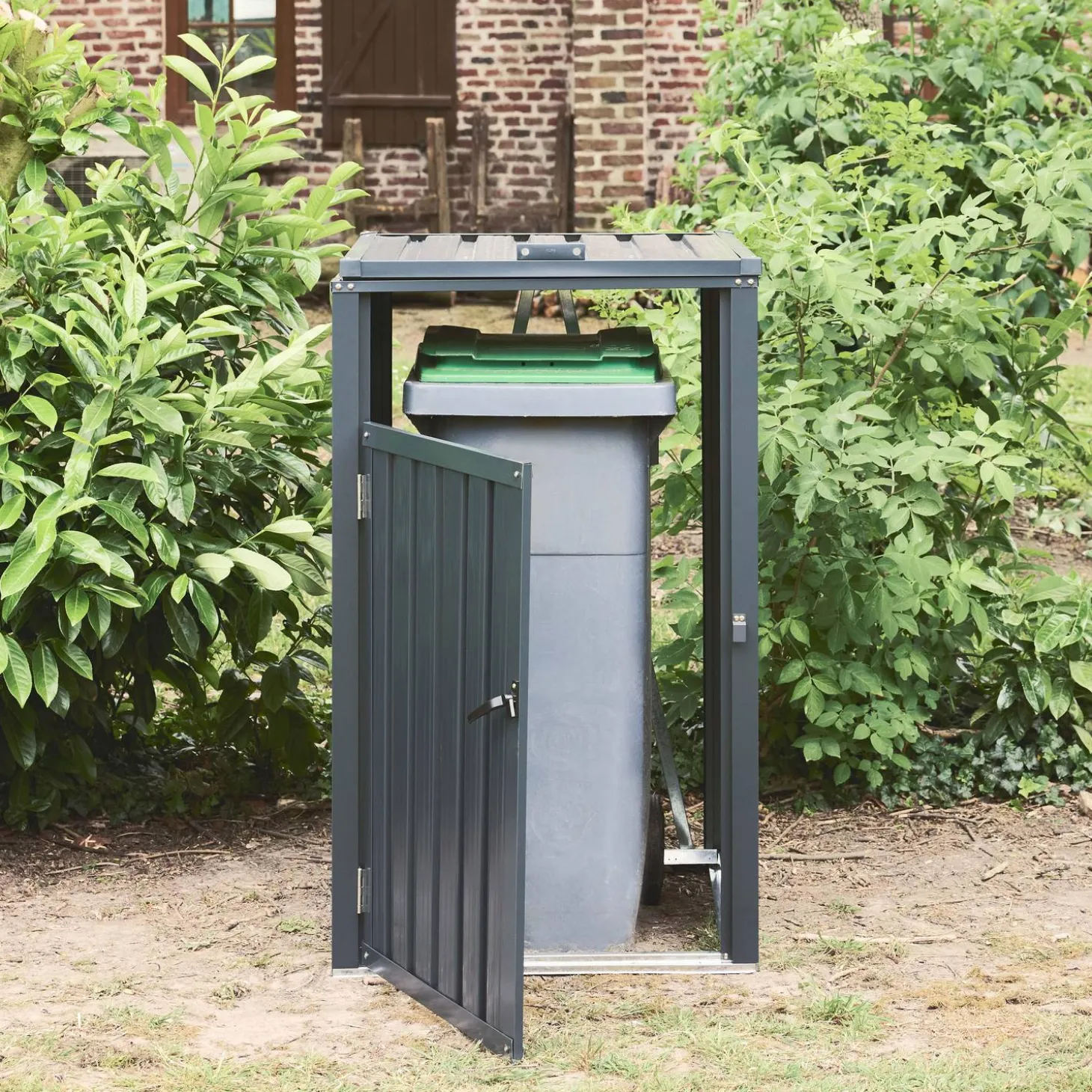 Grey galvanised steel bin shed