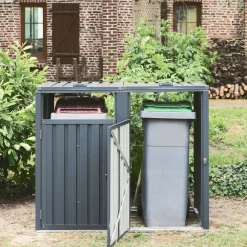 Grey galvanised steel bin shed