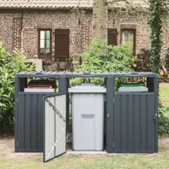 Grey galvanised steel bin shed