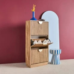 Grooved mango wood effect shoe cabinet with 3 drawers