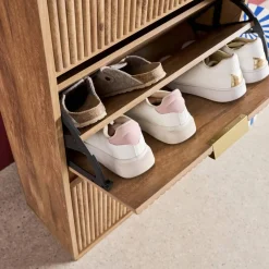 Grooved mango wood effect shoe cabinet with 3 drawers