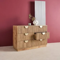 Grooved mango wood effect sideboard with 6 drawers