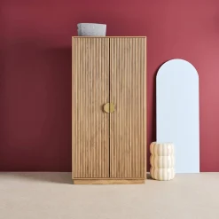 Grooved mango wood effect wardrobe closet with 2 doors