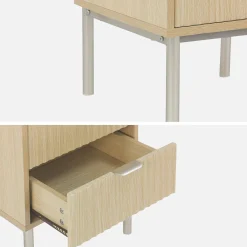 Grooved wood bedside table with metal effect