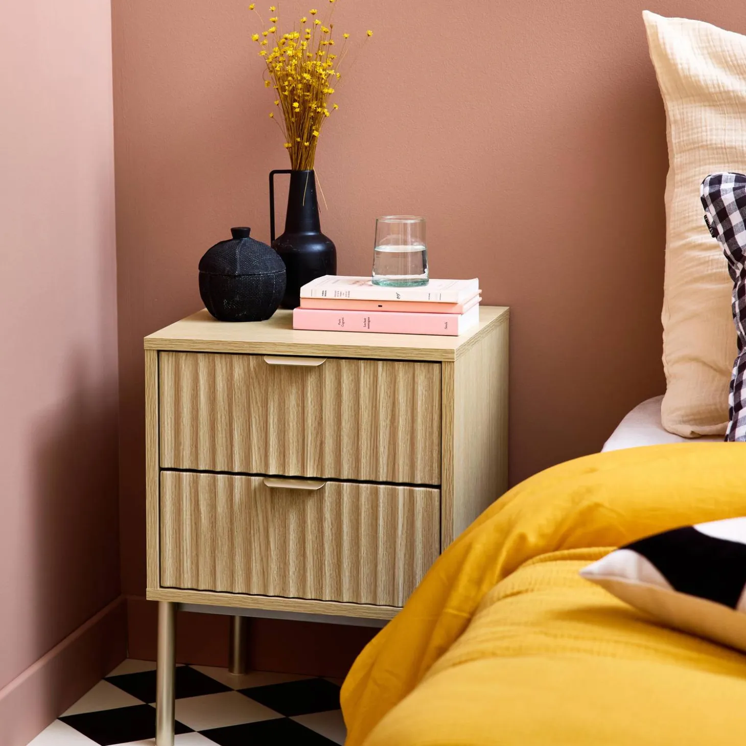 Grooved wood bedside table with metal effect