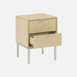 Grooved wood bedside table with metal effect