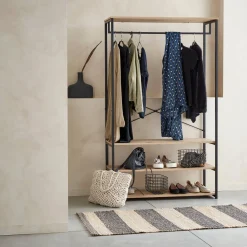 Hallway metal and wood-effect coat and shoe rack