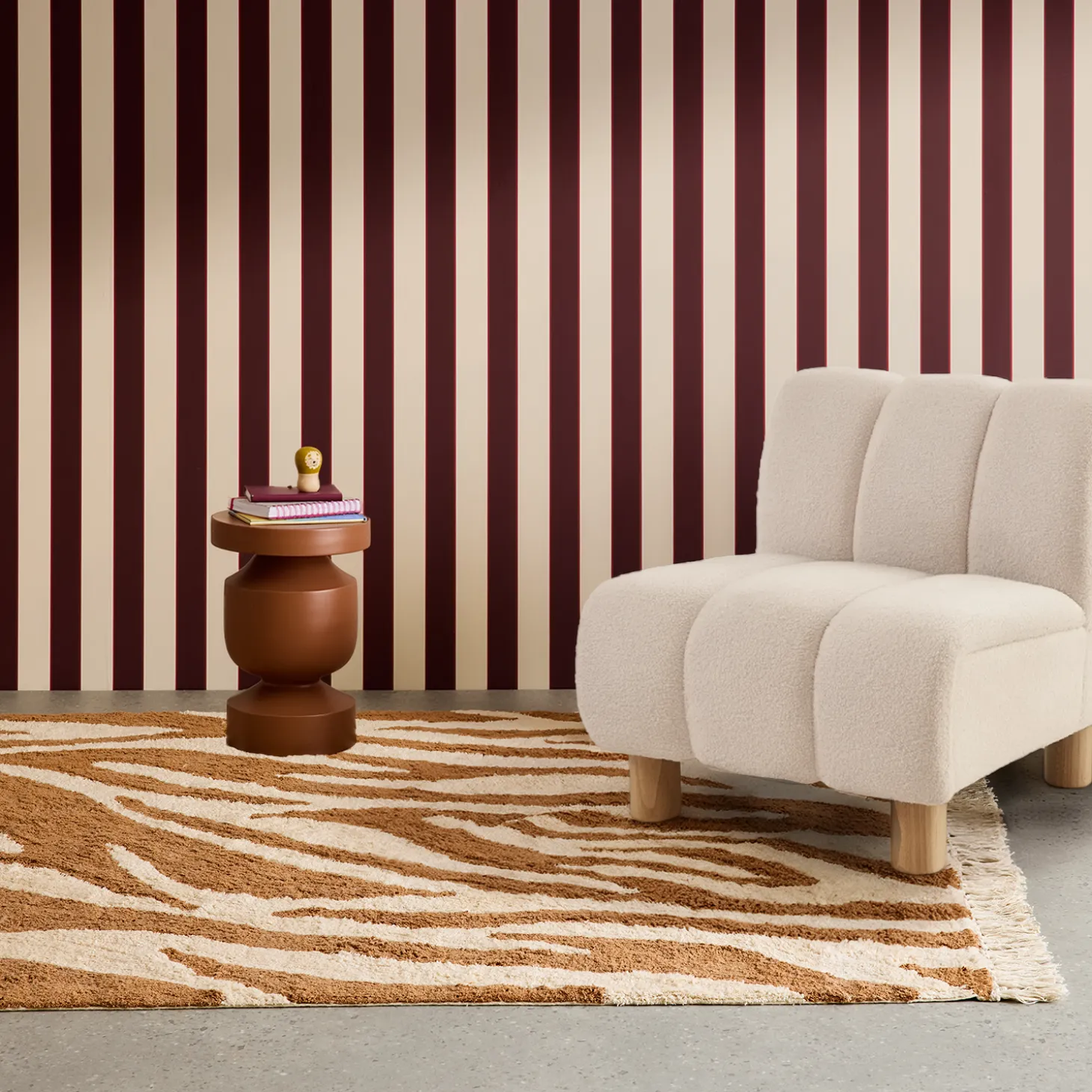 Indoor cotton rug with brick zebra pattern and fringes
