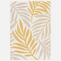 Indoor/outdoor rug with beige and mustard plant pattern, recycled polyester