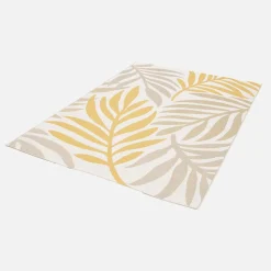 Indoor/outdoor rug with beige and mustard plant pattern, recycled polyester