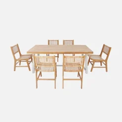 Indoor/outdoor table in acacia wood and metal + 6 woven resin seats