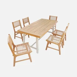 Indoor/outdoor table in acacia wood and metal + 6 woven resin seats
