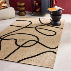 Indoor rug with a jute effect, black in relief graphic pattern.