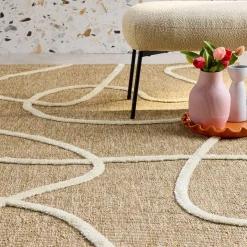 Indoor rug with a jute effect, relief graphic pattern in white