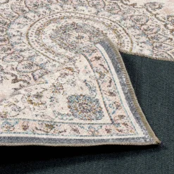 Indoor rug with baroque pattern, pink, red and blue