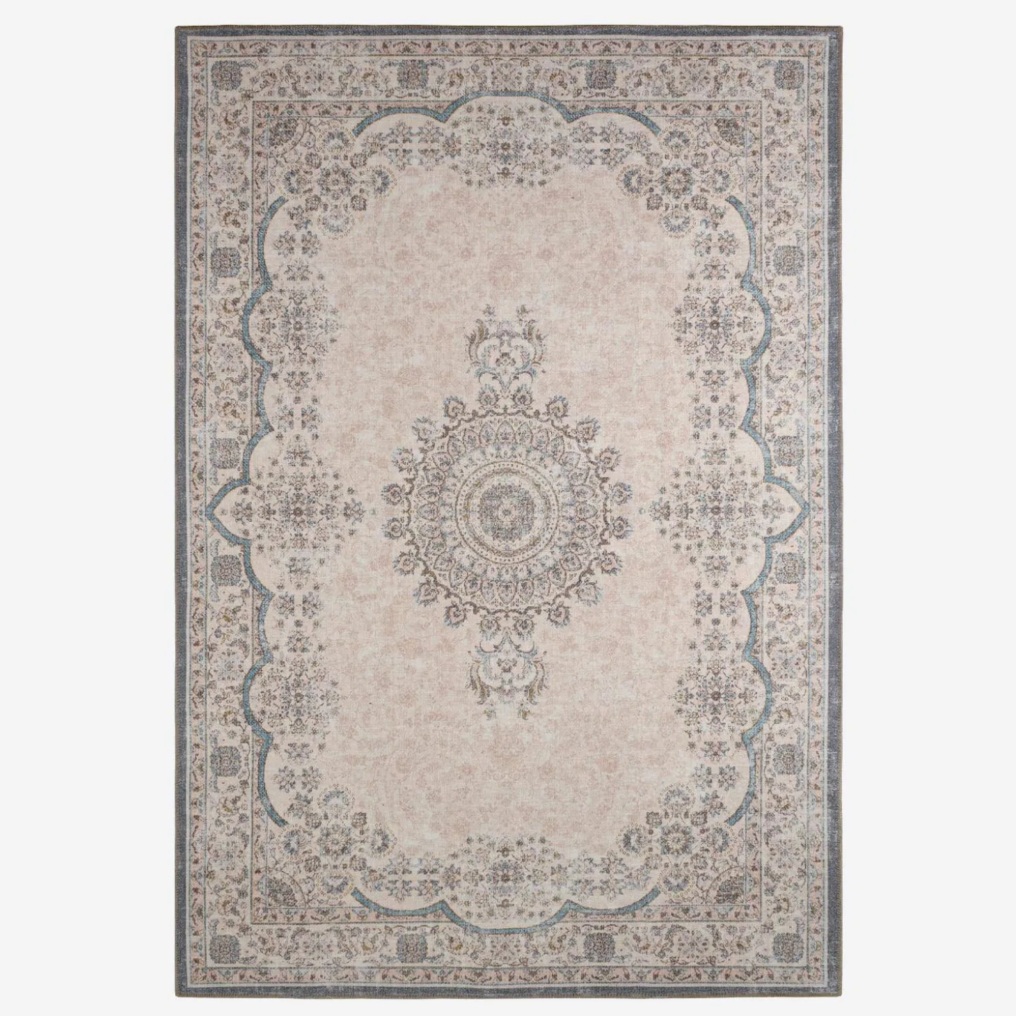 Indoor rug with baroque pattern, pink, red and blue
