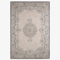 Indoor rug with baroque pattern, pink, red and blue