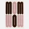 Indoor rug with pink and brown graphic pattern