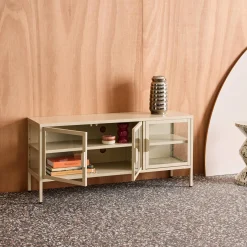 Industrial metal and tempered glass TV stand with 3 doors 120cm