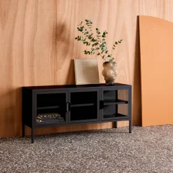 Industrial metal and tempered glass TV stand with 3 doors 120cm