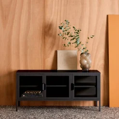 Industrial metal and tempered glass TV stand with 3 doors 120cm
