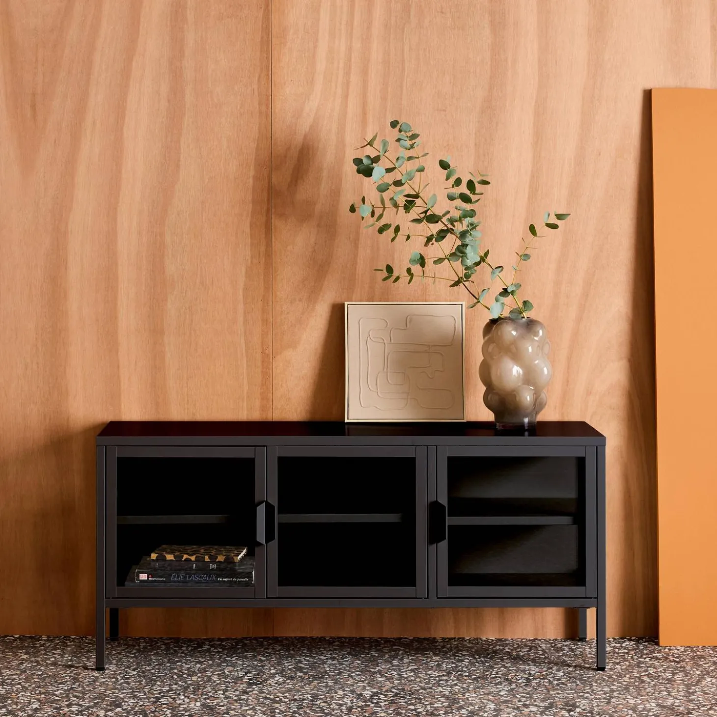 Industrial metal and tempered glass TV stand with 3 doors 120cm