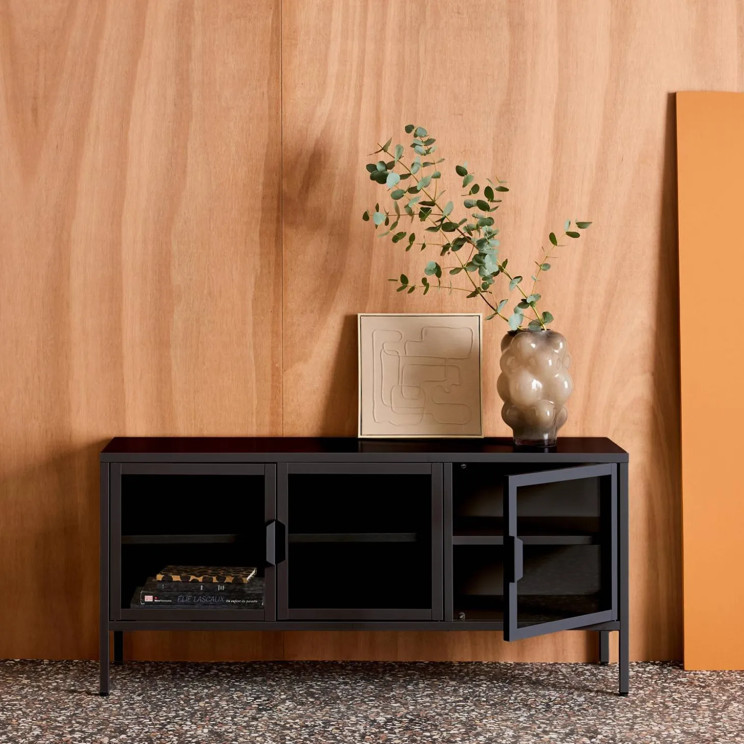 Industrial metal and tempered glass TV stand with 3 doors 120cm