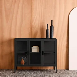 Industrial metal and tempered glass sideboard with 3 doors 100cm