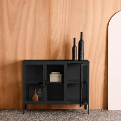 Industrial metal and tempered glass sideboard with 3 doors 100cm