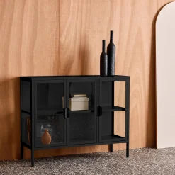 Industrial metal and tempered glass sideboard with 3 doors 100cm