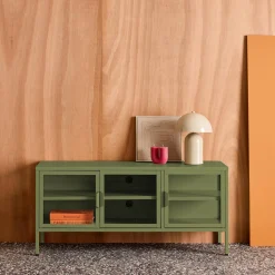 Industrial metal and tempered glass TV stand with 3 doors 120cm