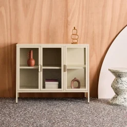 Industrial metal and tempered glass sideboard with 3 doors 100cm
