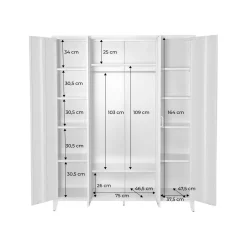 Industrial metal wardrobe for bedroom, 4 doors, 10 shelves, 1 hanging rail