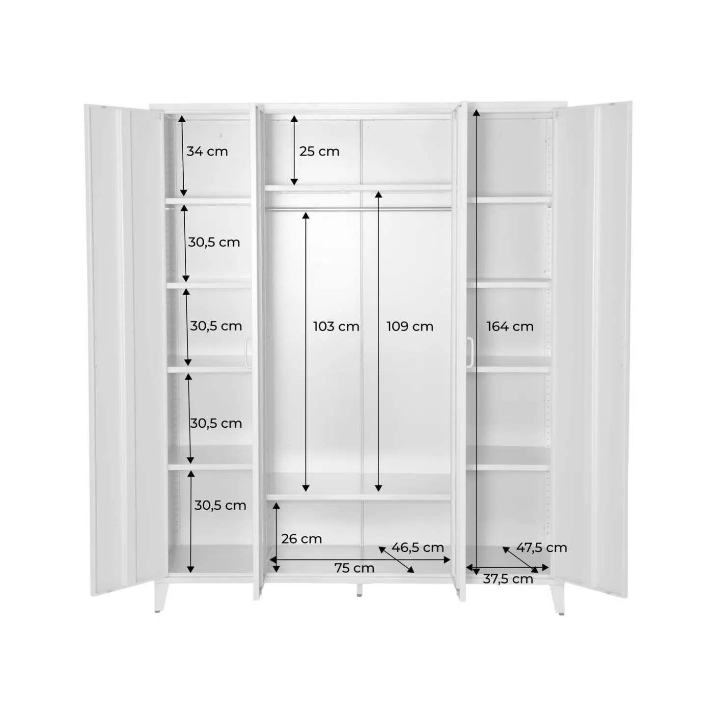 Industrial metal wardrobe for bedroom, 4 doors, 10 shelves, 1 hanging rail
