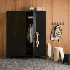 Industrial metal wardrobe for bedroom, 4 doors, 10 shelves, 1 hanging rail