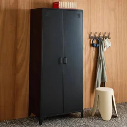 Industrial metal wardrobe for bedroom closet with 2 doors, 4 shelves, 1 hanging rail