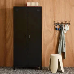 Industrial metal wardrobe for bedroom closet with 2 doors, 4 shelves, 1 hanging rail